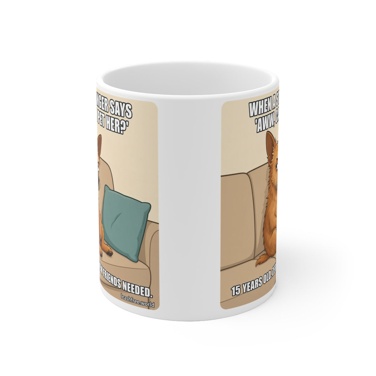 Judgy One 11 oz ceramic mug, front view with the handle behind