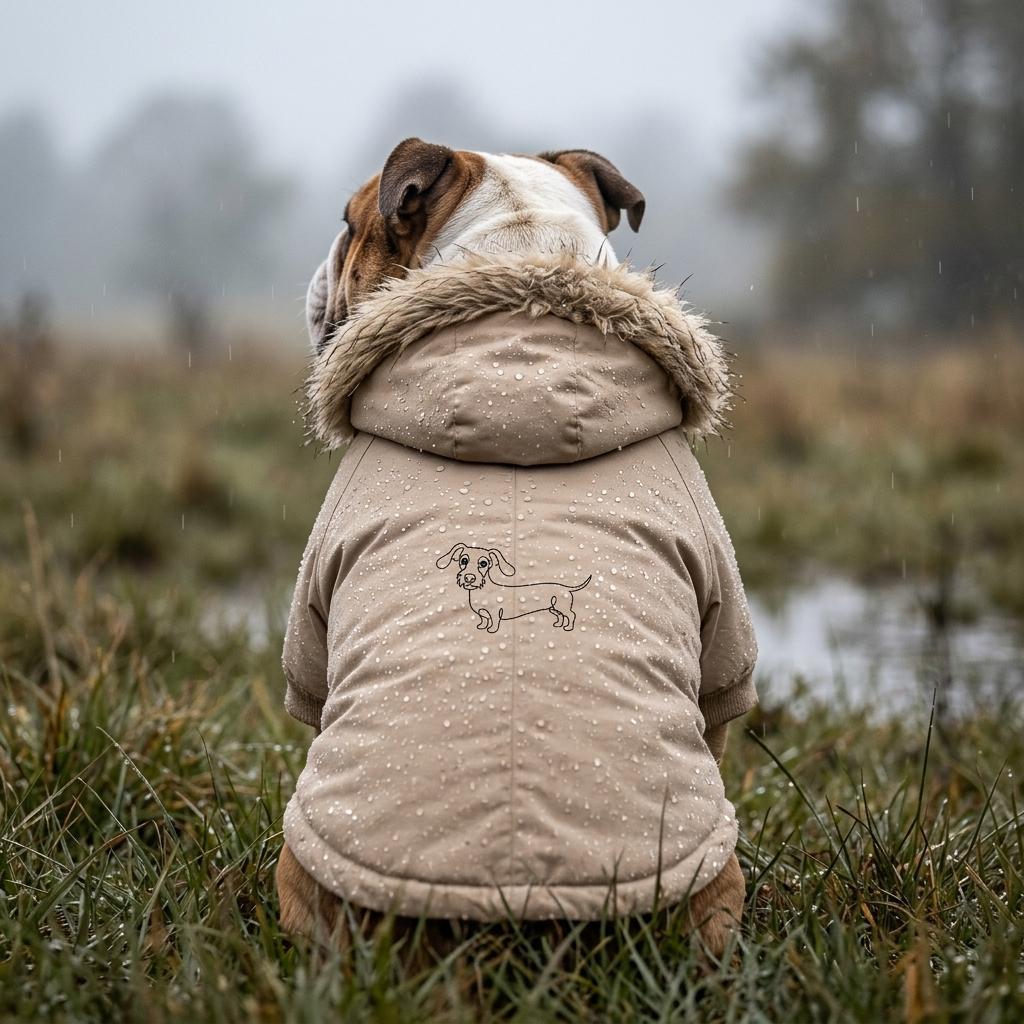 Bouledogue de dos dans une parka kaki rembourrée pour chiens, capuche en fausse fourrure et petit teckel dessiné dans le dos