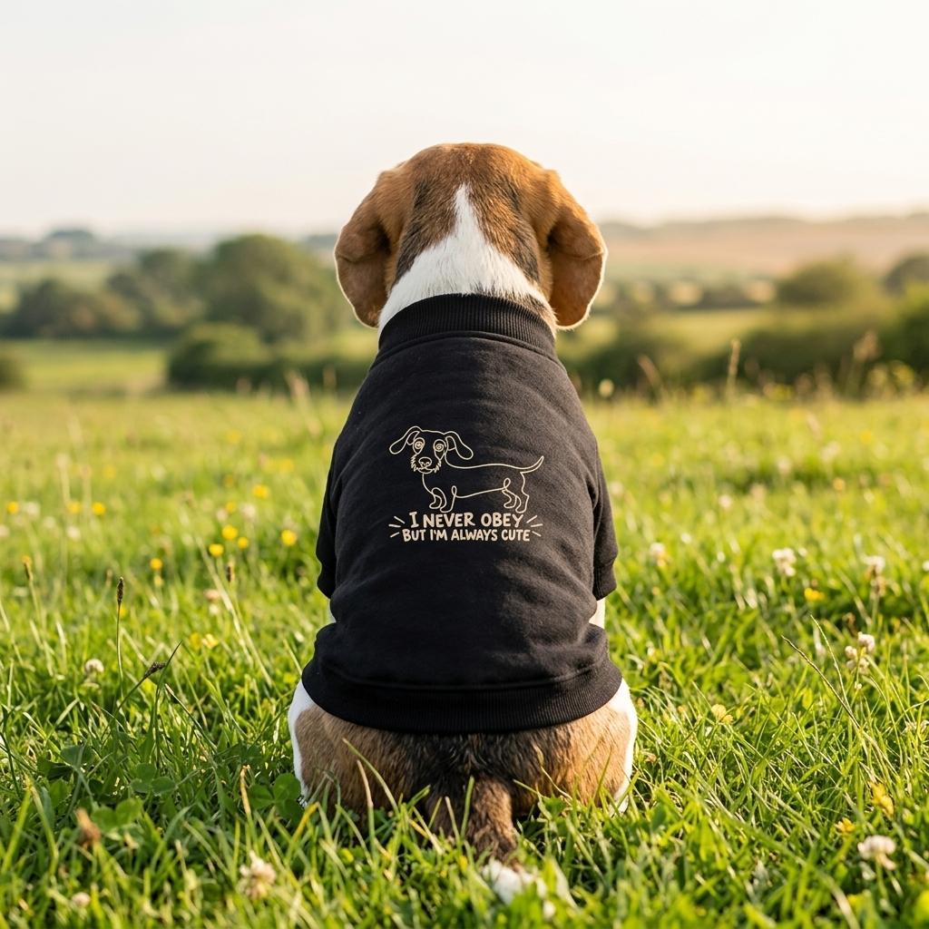 Chien de dos sur l’herbe portant une veste varsity noire avec dessin de teckel et la phrase I never obey but I’m always cute